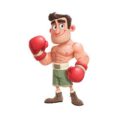 A cheerful cartoon boxer with red gloves and green shorts, standing confidently with a friendly smile.