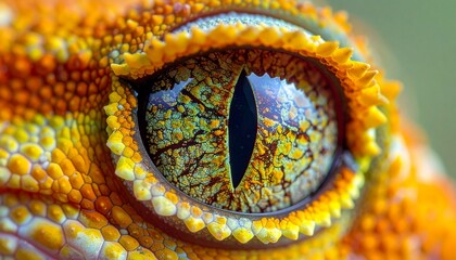 An extreme closeup of a reptiles eye showing a vertical slit pupil a multicolored iris and vibrant orange and yellow scales