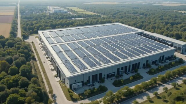 Aerial view of a large-scale data center powered by sustainable energy with solar panels on the roof, surrounded by greenery. 4k video