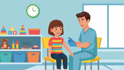 A young girl smiling while receiving a vaccination shot from a male doctor or nurse in a pediatrician's office.