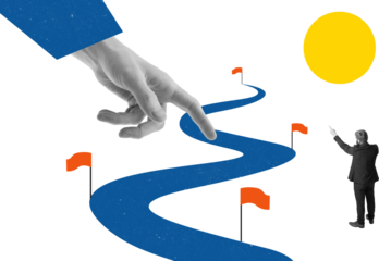 Bold composition of giant hand pointing business direction toward rising path on transparent background. Concept of strategic guidance, consulting services, corporate planning, decision facilitation.