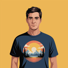 Portrait of man wearing graphic sunset tee.