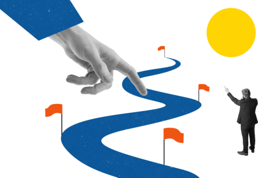 Bold composition of giant hand pointing business direction toward rising path on transparent background. Concept of strategic guidance, consulting services, corporate planning, decision facilitation. - Powered by Adobe