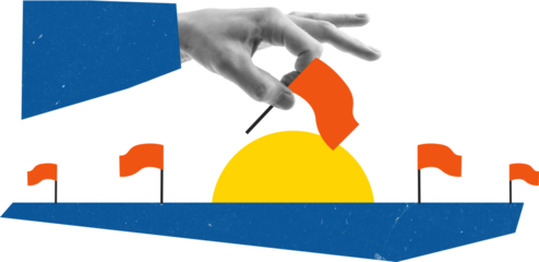 Digital artwork of large hand placing red flag at final point of progress road on transparent background. Concept of planning milestone, goal tracking, business consulting, and timeline visualization.