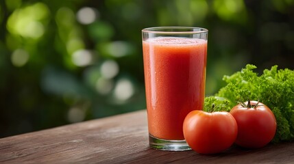 Fototapeta premium Glass of vibrant tomato juice with fresh tomatoes and lettuce on a wooden table outdoors