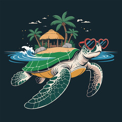Sea turtle wearing sunglasses riding a tropical surfboard.