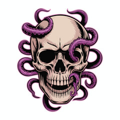 Skull with Purple Tentacles An Intricate Nightmarish Illustration.