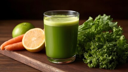 Fototapeta premium A glass of vibrant green juice freshly prepared with lemon carrot and kale is displayed with its ingredients on a wooden board