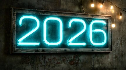 Custom neon light display showing the year 2026 in bright blue light on a textured background with warm bulbs nearby
