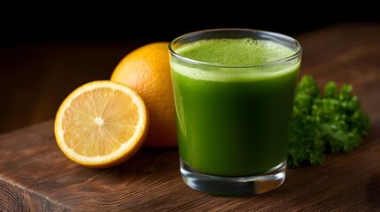 Fototapeta premium A vibrant glass of green juice is presented alongside fresh lemon orange and parsley on a rustic wooden surface