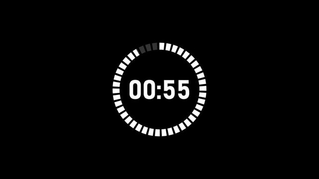 Minimalist one minute countdown timer circular progress ring on black background for presentations workouts breaks focus sessions classrooms meetings productivity visuals digital clock animation .