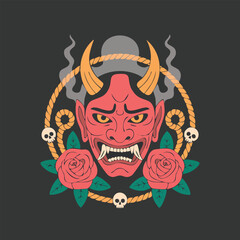 Vibrant Oni Demon Mask Head with Horns Roses and Skulls.