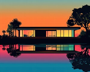 Minimalistic Lakeside House at Sunset in Vector Style with Reflections on Water Surface