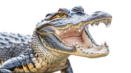 Caiman Alligator with Open Mouth - Fierce Reptile Predator Isolated on White Background