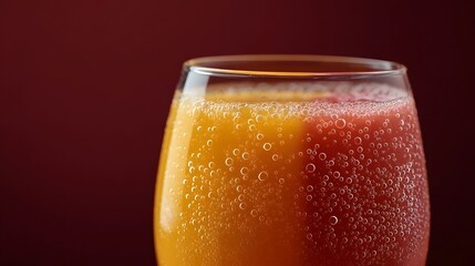 Close up of a refreshing colorful bubbly juice blend with two distinct colors swirling in a clear glass against a dark background