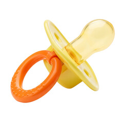 Modern baby pacifier with yellow shield and orange handle on a transparent background