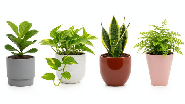 Fototapeta Assortment of popular indoor houseplants presented in stylish modern pots isolated on a white background for home decor and botanical themes