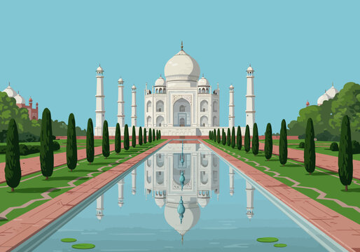 Taj Mahal Illustration with Reflection in Pool.