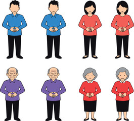 Naklejka premium Set of flat vector illustrations showing diverse men and women of different ages experiencing stomach pain, abdominal ache, and indigestion problems