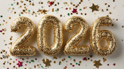 Glowing gold numbers signify the arrival of the year 2026 surrounded by colorful confetti on a simple background