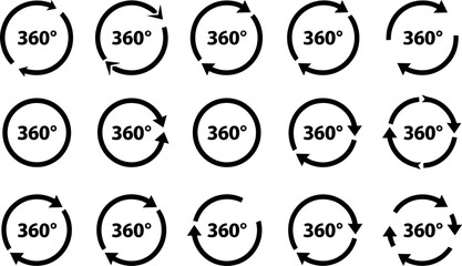 Set of fifteen black vector line icons depicting 360-degree rotation, circular perspective, and curved arrows, suitable for product viewing, photography, and immersive experience concepts