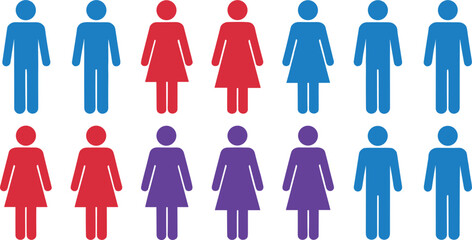Flat vector diagram illustrating a grid of diverse figures in colored rows, representing demographic data, group composition, team makeup, gender ratio, or statistics