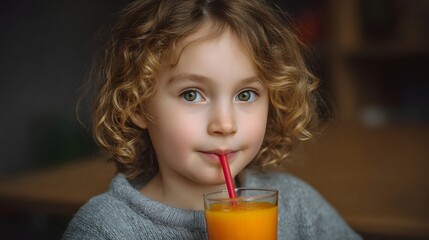Young child with curly blonde hair enjoys a refreshing glass of orange juice through a red straw