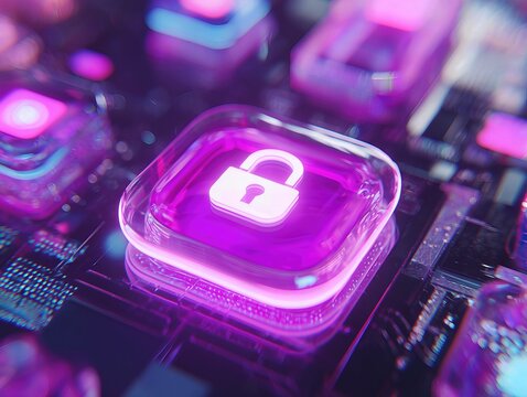 Neon lock button on a futuristic interface close-up