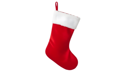 Red Christmas stocking with white cuff and loop isolated on a transparent background