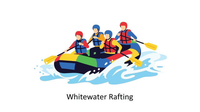 A vibrant illustration of people enjoying whitewater rafting on a river