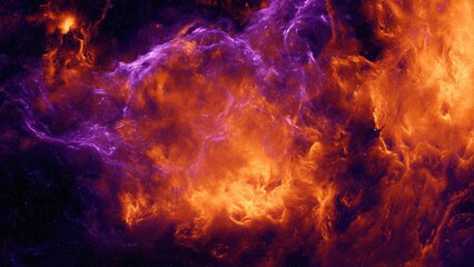 Fototapeta premium Vibrant cosmic nebula with fiery orange and purple clouds, deep space abstract background.