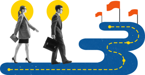 Mixed media of businesswoman and businessman walking on roadmap with flags on transparent background. Concept of strategic planning, career growth, business coaching, investment goals, training.