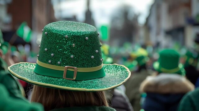 Crowd celebrating Saint Patrick Day parade with green hats flags and festive atmosphere in city street