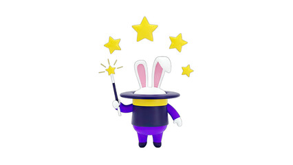 Magician Rabbit Conjuring Stars on White Background