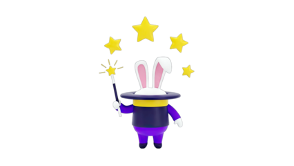 Magician Rabbit Conjuring Stars on White Background