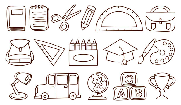 Simple line art back to school icon set with clean hand drawn outlines of school and education elements. Perfect for learning and design use