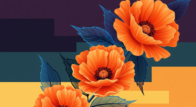 Glowing orange poppy flowers on abstract geometric background 3D Wall Mural. floral landscapes. 3d floral art, floral wallpaper, Luxurious textile tile wall art