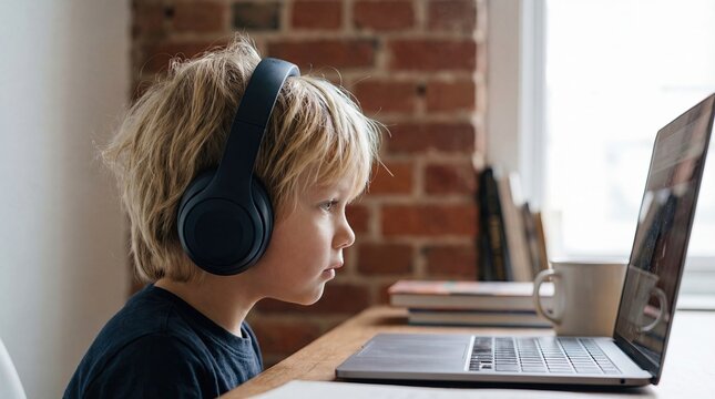 Side view of a young blonde boy wearing headphones, focused on a laptop screen while engaging in online learning or entertainment at home.