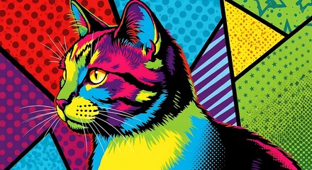 A vibrant, pop-art style illustration of a feline in profile, set against a geometric background of colorful shapes and patterns