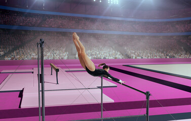A gymnast performs a difficult trick on a horizontal bar.