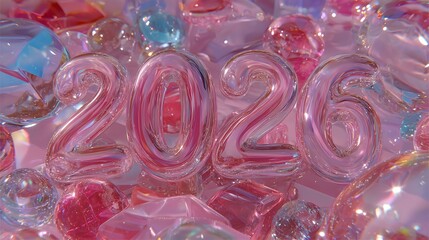 Dynamic text displays the year 2026 with glossy aqua and pink waves set among colorful gems and shiny crystals