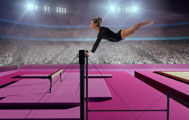 A gymnast performs a difficult trick on a horizontal bar.