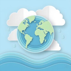 Paper Cut Earth with Clouds and Raindrops