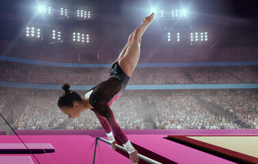 A gymnast performs a difficult trick on a horizontal bar.