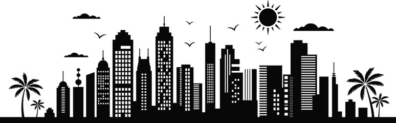 Fototapeta premium Cityscape Silhouette With Skyscrapers Palm Trees Sun And Clouds skyline urban