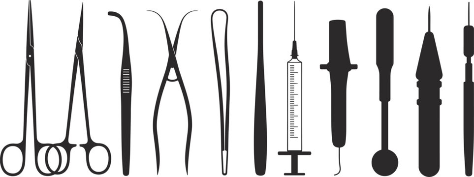 Collection Of Medical Surgical Instruments Silhouettes On White Background tool equipment