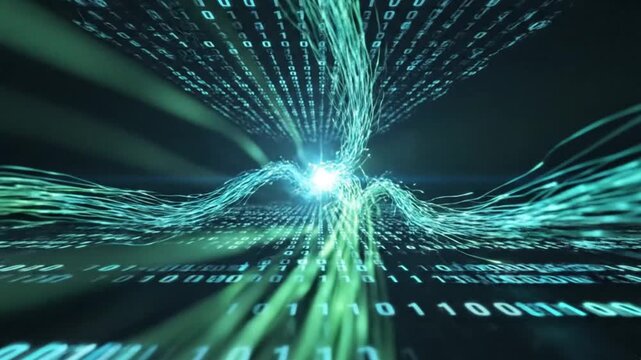 Vibrant digital tunnel with flowing binary code and bright light