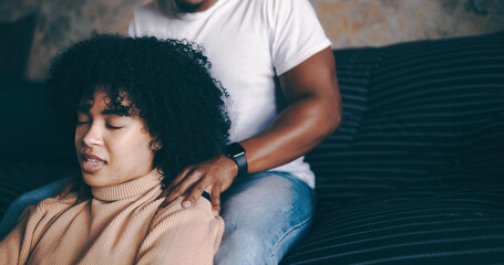 Woman, relax and shoulder with massage in home for bonding, pamper or valentines day on sofa....