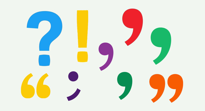 Colorful Punctuation Marks: Question Exclamation Comma Quotes.
