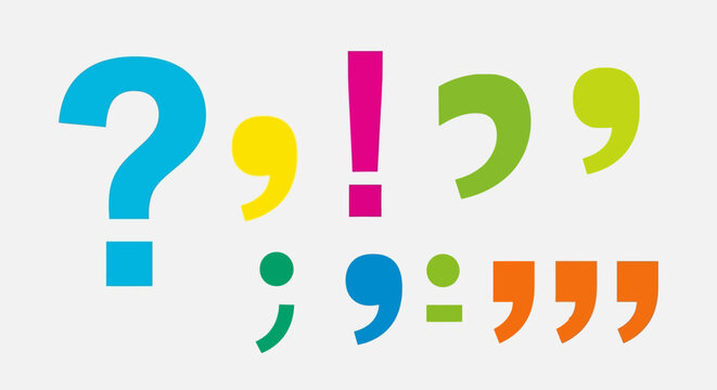 Colorful Punctuation Marks: Question Mark Exclamation Point Comma and More.